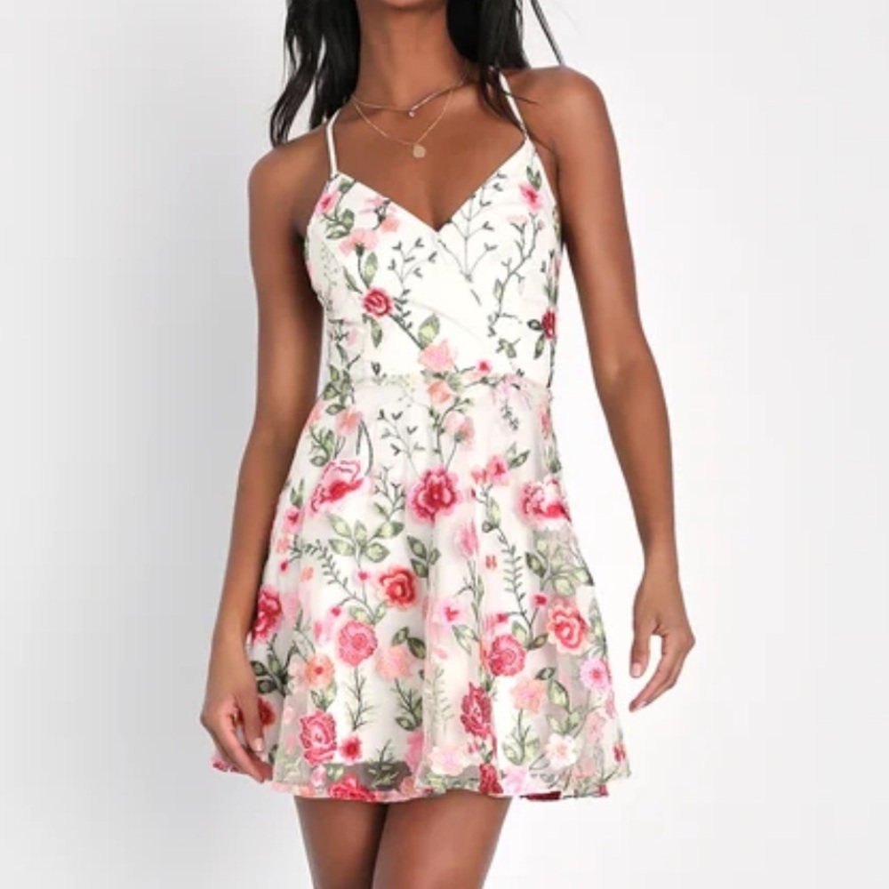 Floral Embroidered White Mini Dress